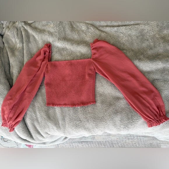 Wilfred Tops - Aritzia Wilfred Smocked Square-Neck Crop Top with Sheer Puff Sleeves